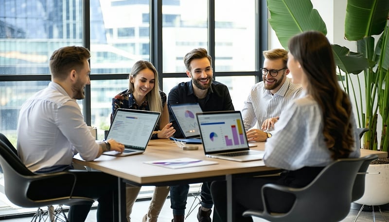 Team of professionals collaborating on digital marketing and investment strategies at Elysium.